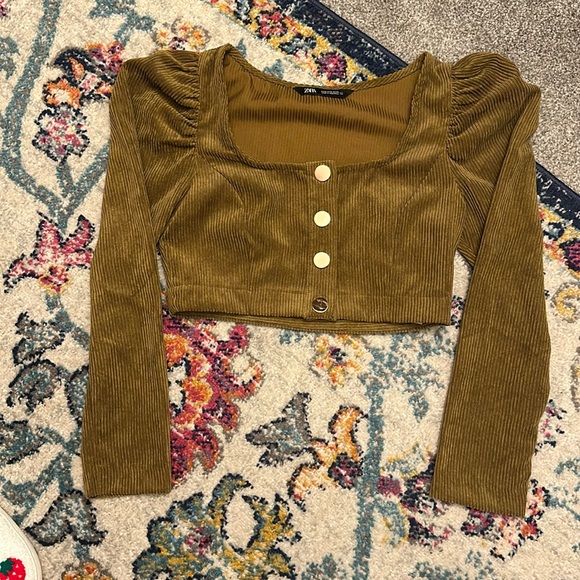 Zara // Olive Green Puff Sleeve Top with gold buttons - Picture 1 of 7